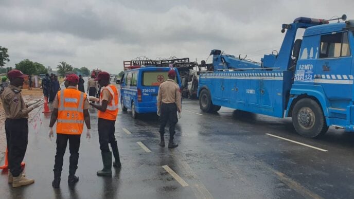 FRSC officials inspecting scene of the accident on the Zaria-Kano expressway