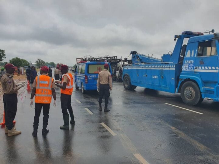 FRSC officials inspecting scene of the accident on the Zaria-Kano expressway