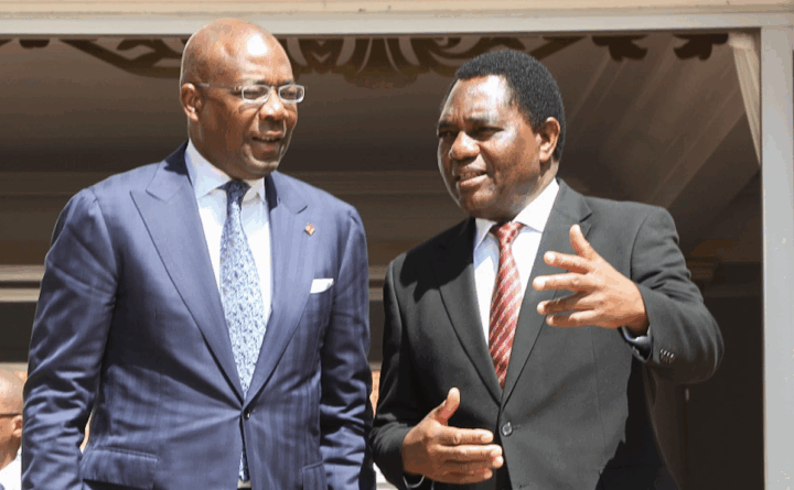L-R: Aigboje Aig-Imoukhuede, chairman of Access Holdings, and President Hakainde Hichilema of Zambia in Lusaka, Zambia.