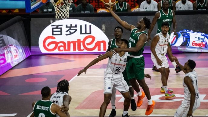 Caleb Agada goes for a layup in D'Tigers defeat of Madagascar in 2025 men's Afrobasket