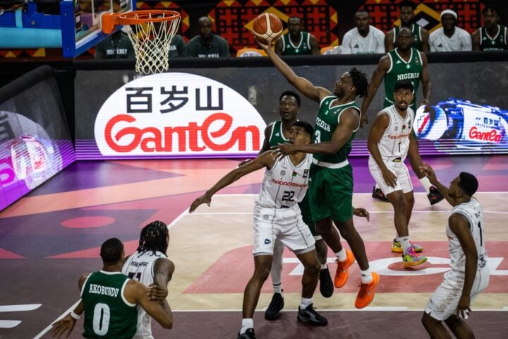 Caleb Agada goes for a layup in D'Tigers defeat of Madagascar in 2025 men's Afrobasket