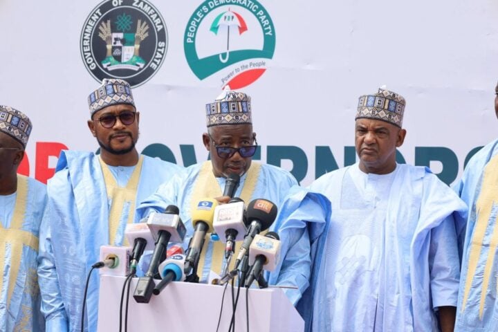 L-R: Zamfara and Bauchi governors Dauda Lawal and Bala Mohammed respectively; with Umar Damagum, PDP acting national chairman | File photo