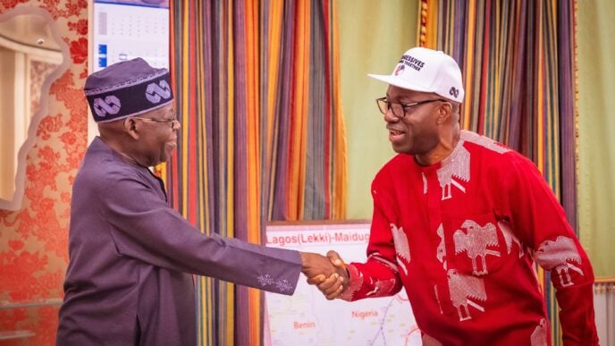 Bola Tinubu (left) receives Chukwuma Soludo at the State House on August 12