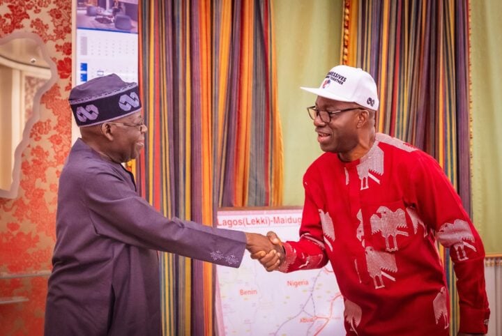 Bola Tinubu (left) receives Chukwuma Soludo at the State House on August 12