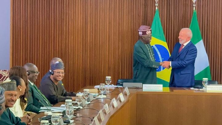 Bola Tinubu and Brazil President Lula Da Silva (both standing) during bilateral talks