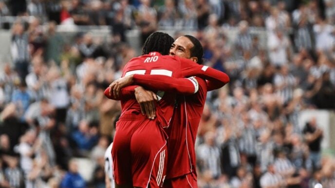 Virgil van Dijk embraces 16-year-old Rio Ngumoha who scored the winner in Liverpool's 3-2 victory over Newcastle | Photo Credit: Liverpool/X