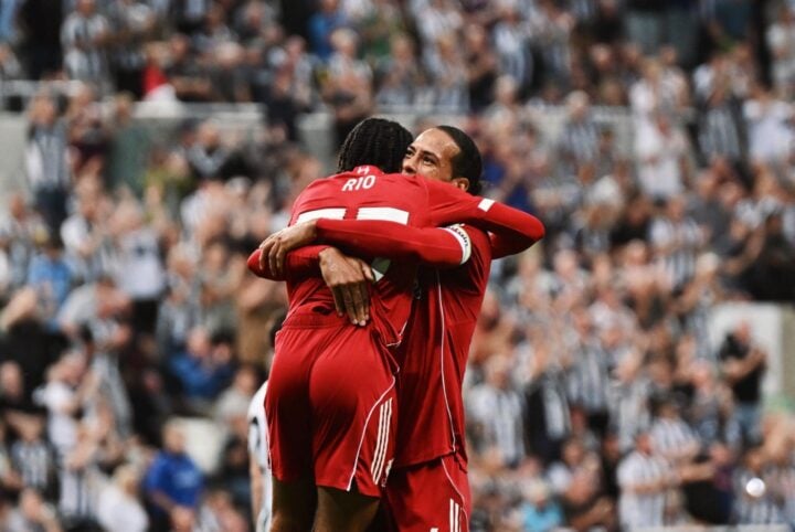 Virgil van Dijk embraces 16-year-old Rio Ngumoha who scored the winner in Liverpool's 3-2 victory over Newcastle | Photo Credit: Liverpool/X