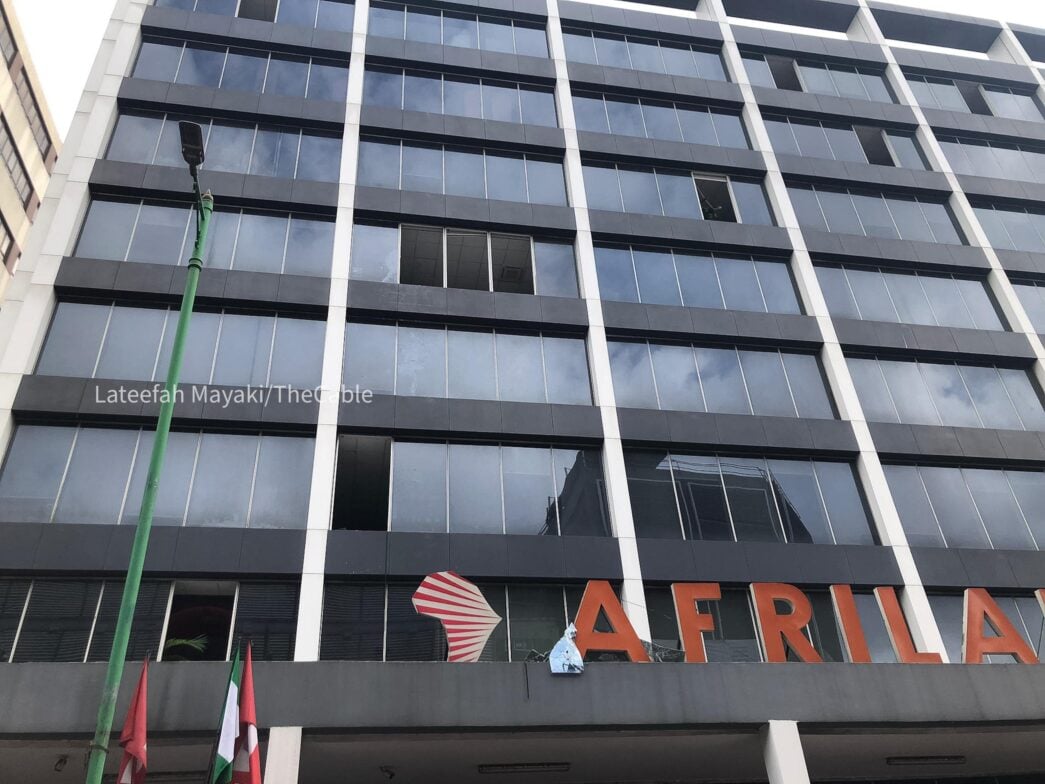 Broken windows seen at Afriland Towers after the fire incident
