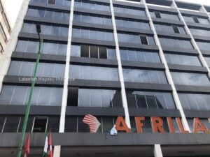 Broken windows seen at Afriland Towers after the fire incident