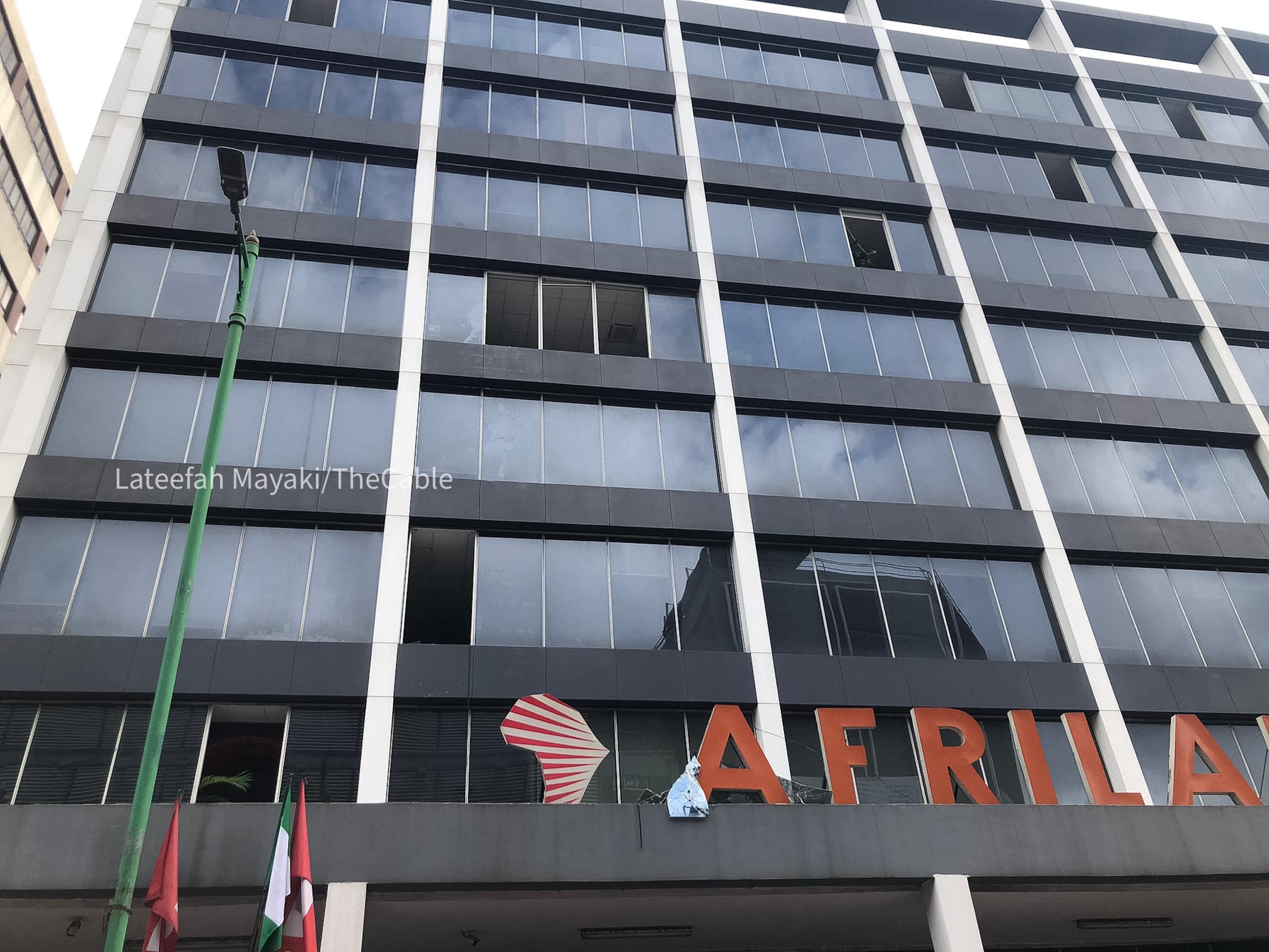 Broken windows seen at Afriland Towers after the fire incident