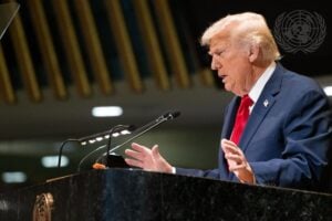 Donald Trump, president of the United States of America, addresses the general debate of the General Assembly's 80th session in New York | UN Photo/Evan Shneider