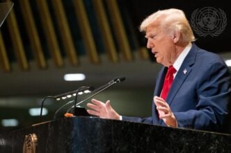 Donald Trump, president of the United States of America, addresses the general debate of the General Assembly's 80th session in New York | UN Photo/Evan Shneider