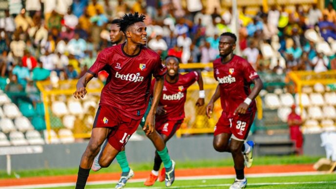 Remo Stars' Alex Oyowah wheels away in celebration after scoring against US Zilimadjou | Photo Credit: Remo Stars/X