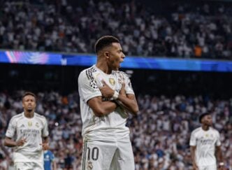 Mbappe celebrates goal in Real Madrid Champions League win over Marseille 