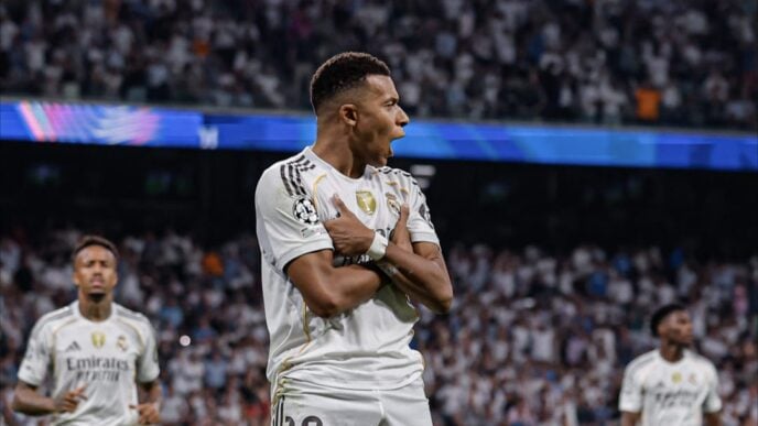 Mbappe celebrates goal in Real Madrid Champions League win over Marseille 