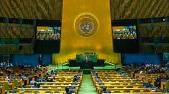 Israeli Prime Minister Benjamin Netanyahu addressing delegates at UNGA on Friday, September 26