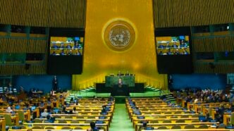 Israeli Prime Minister Benjamin Netanyahu addressing delegates at UNGA on Friday, September 26