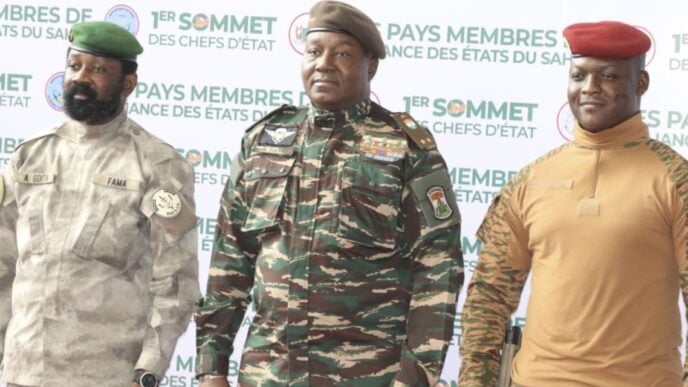 L-R: Mali leader Assimi Goita, Abdourahamane Tchiani of Niger Republic, and Ibrahim Traore of Burkina Faso | File photo