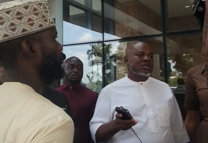 Nicholas Ukachukwu, governorship candidate of the All Progressives Congress (APC) in Anambra, being confronted in Abuja