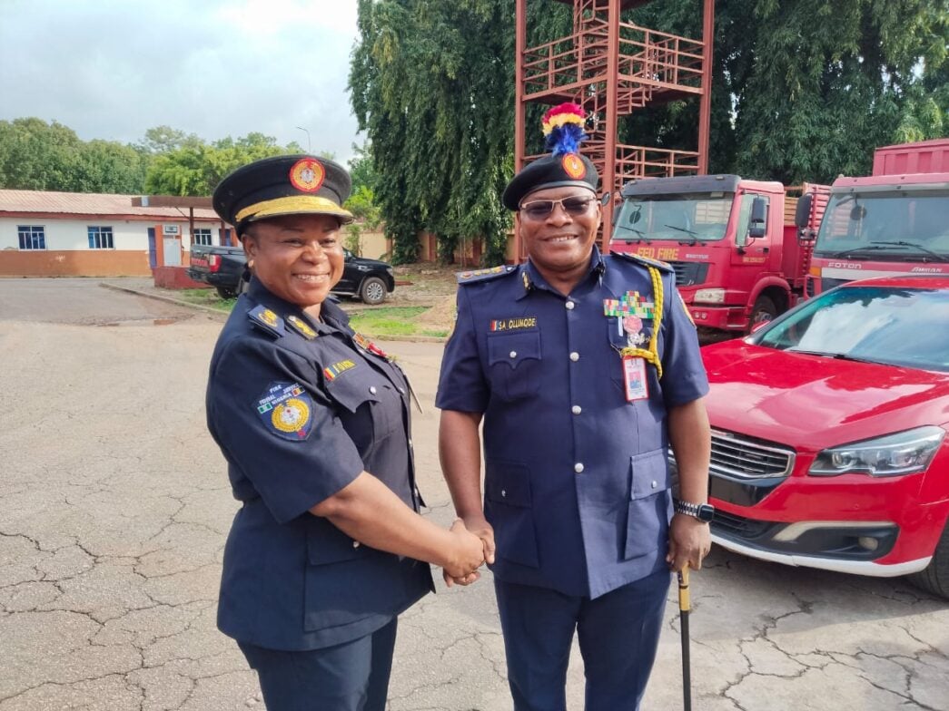 Olumode Samuel, controller-general of the Federal Fire Service (R), with Ijeoma Okidi, the service’s first female deputy controller-general (DCG)