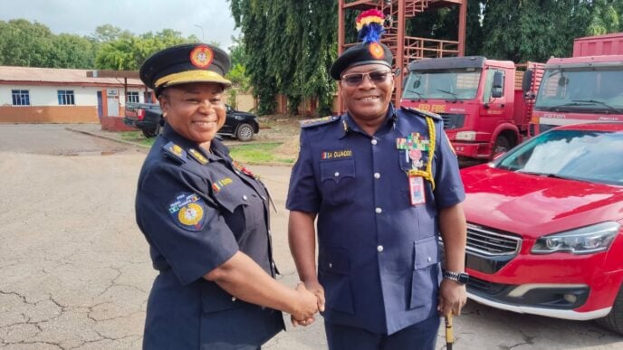 Olumode Samuel, controller-general of the Federal Fire Service (R), with Ijeoma Okidi, the service’s first female deputy controller-general (DCG)