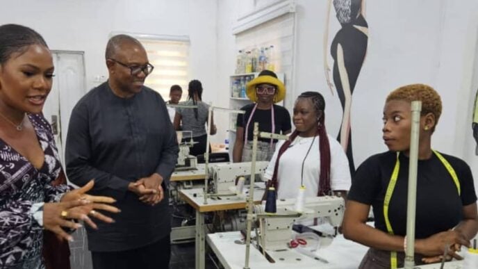 Peter Obi (2nd from left) visits Maison de Helen (MDH) factory, a luxury fashion brand run by Helen Unuane