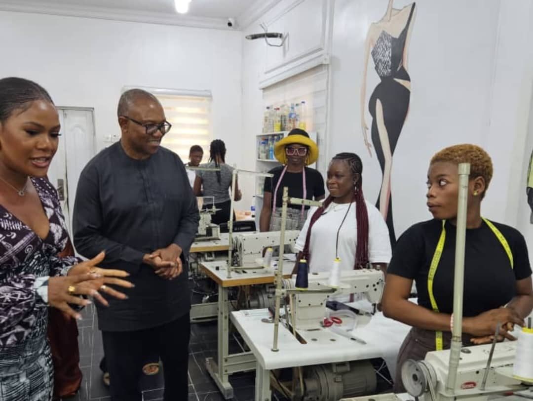 Peter Obi (2nd from left) visits Maison de Helen (MDH) factory, a luxury fashion brand run by Helen Unuane