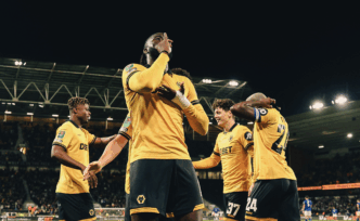 Tolu Arokodare with his signature tea-sipping celebration after scoring his first goal for Wolves | Photo Credit: Wolves/X