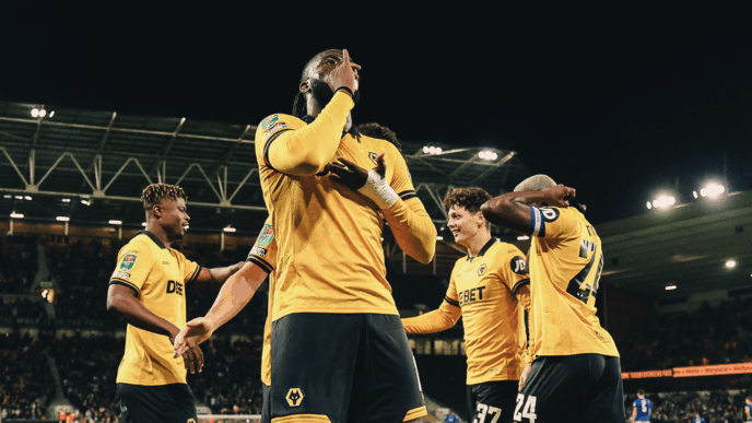 Tolu Arokodare with his signature tea-sipping celebration after scoring his first goal for Wolves | Photo Credit: Wolves/X