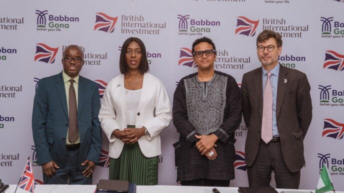 L-R: Benson Adenuga, West Africa regional director and head of office for Nigeria, BII; Florence Eshalomi, UK trade envoy to Nigeria; Kola Masha, managing director of Babban Gona, and Jonny Baxter, the British deputy high commissioner to Nigeria at the signing ceremony of BII’s $7.5 million agri-tech investment in Babban Gona on 2 September 2025, in Lagos, Nigeria.