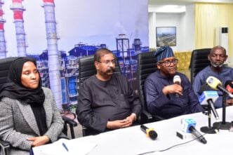 L-R: Fatima Dangote, group executive director at Dangote Industries Limited (DIL), Devakumar Edwin, DIL vice-president, Aliko Dangote, Dangote Group president, Sayyu Dantata, founder of MRS Oil