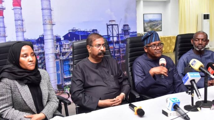 L-R: Fatima Dangote, group executive director at Dangote Industries Limited (DIL), Devakumar Edwin, DIL vice-president, Aliko Dangote, Dangote Group president, Sayyu Dantata, founder of MRS Oil