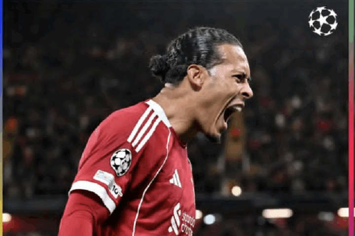 Virgil van Dijk celebrates winner against Atletico Madrid