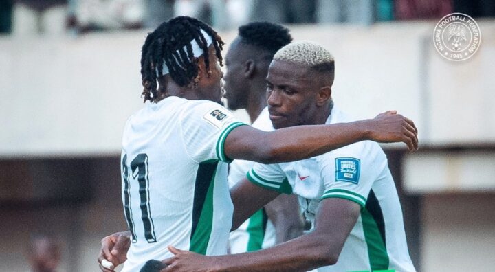 Victor Osimhen embraces Samuel Chukwueze in Nigeria 4-0 win over Benin Republic | Photo Credit: NFF