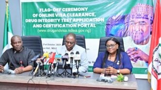 L-R: Director, media and advocacy, Femi Babafemi; agency secretary Shadrach Haruna and director, planning, research and statistics, Bridget Edeh at a press briefing to flag off the digitisation of the NDLEA drug integrity test and visa E-administration system (DITViCAS) on Tuesday, October 21, 2025