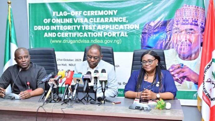 L-R: Director, media and advocacy, Femi Babafemi; agency secretary Shadrach Haruna and director, planning, research and statistics, Bridget Edeh at a press briefing to flag off the digitisation of the NDLEA drug integrity test and visa E-administration system (DITViCAS) on Tuesday, October 21, 2025