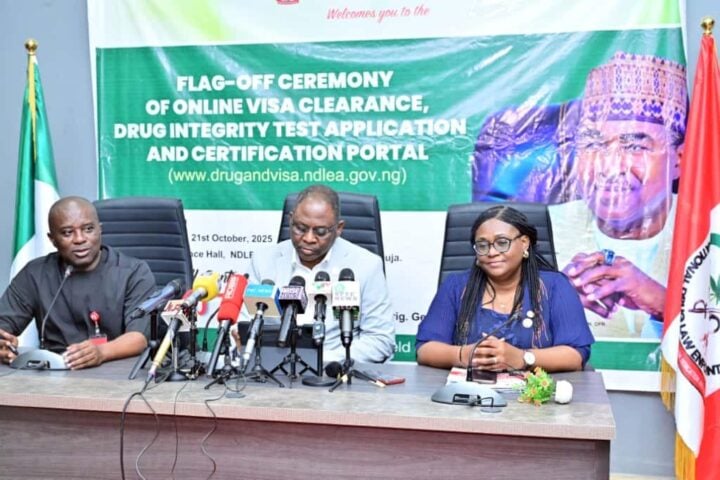 L-R: Director, media and advocacy, Femi Babafemi; agency secretary Shadrach Haruna and director, planning, research and statistics, Bridget Edeh at a press briefing to flag off the digitisation of the NDLEA drug integrity test and visa E-administration system (DITViCAS) on Tuesday, October 21, 2025