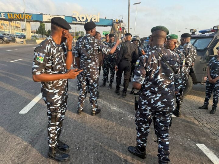 Police officers around the Oworonshoki axis of the Third Mainland Bridge on