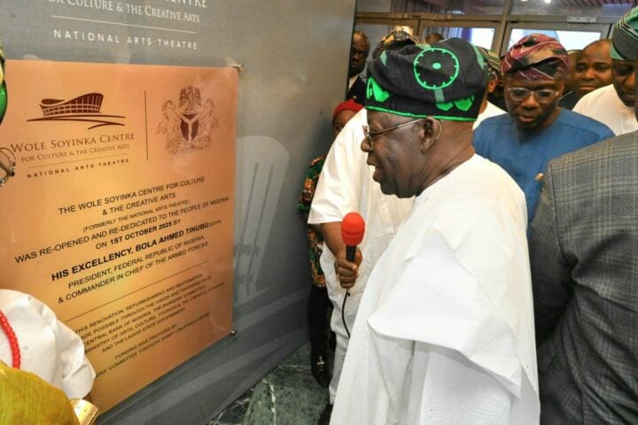 President Bola Tinubu at the reopening and re-dedication ceremony of the 4,000-capacity Wole Soyinka Centre for Culture and the Creative Arts in Iganmu, Lagos, on Wednesday