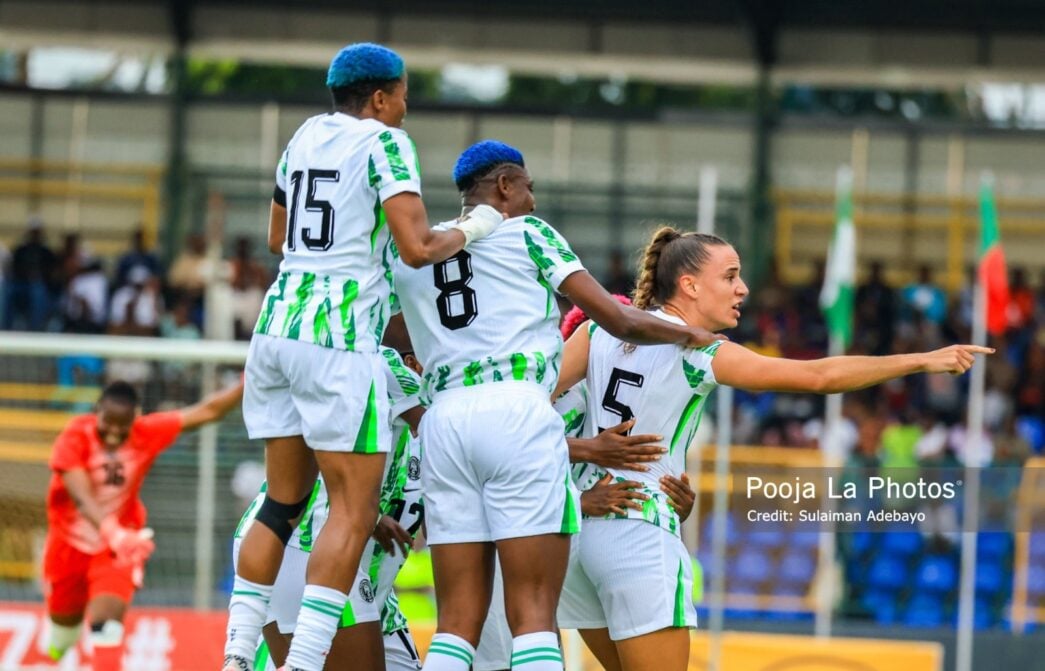 Ashleigh Plumptre (far right) scores her first goal for the Super Falcons in the 1-1 draw against Benin Republic | Photo Credit: Sulaiman Adebayo Pooja