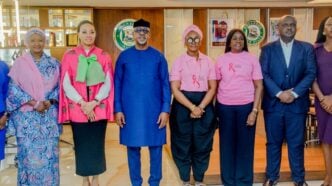 L-R: Zainab Bagudu, wife of the minister of budget and national planning; Chioma Uzodimma, wife of the Imo state governor; Dapo Abiodun, Ogun state governor; Bamidele Abiodun, wife of the Ogun state governor; Tomi Coker, commissioner for health; and Ladipo Hameed, general manager, Roche Healthcare and Pharmaceutical Company