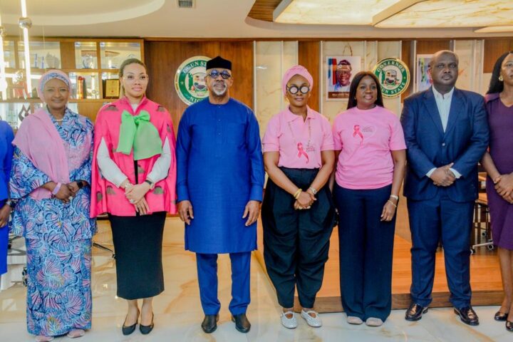 L-R: Zainab Bagudu, wife of the minister of budget and national planning; Chioma Uzodimma, wife of the Imo state governor; Dapo Abiodun, Ogun state governor; Bamidele Abiodun, wife of the Ogun state governor; Tomi Coker, commissioner for health; and Ladipo Hameed, general manager, Roche Healthcare and Pharmaceutical Company