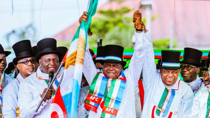 PC chairman, Yilwatda and VP Kashim Shettima raises the hands of Douye Diri (M), Bayelsa governor during his official defection to the ruling party in Yenagoa on Monday