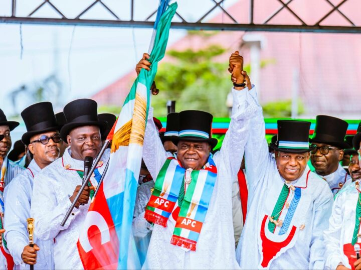PC chairman, Yilwatda and VP Kashim Shettima raises the hands of Douye Diri (M), Bayelsa governor during his official defection to the ruling party in Yenagoa on Monday