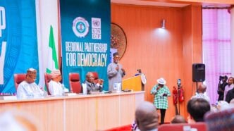Yusuf Tuggar, minister of foreign affairs, speaking at the signing ceremony of the regional partnership for democracy (RPD) programme in Abuja on November 17, 2025