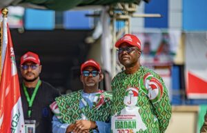 L-R: Dauda Lawal, governor of Zamfara state; Bala Mohammed, governor of Bauchi state, and Seyi Makinde of Oyo state during the PDP national convention on November 16, 2025