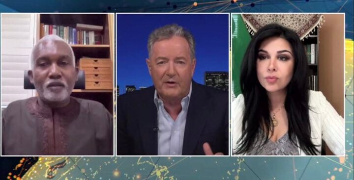 Screenshot of Tuggar (left) on Piers Morgan's (middle) show